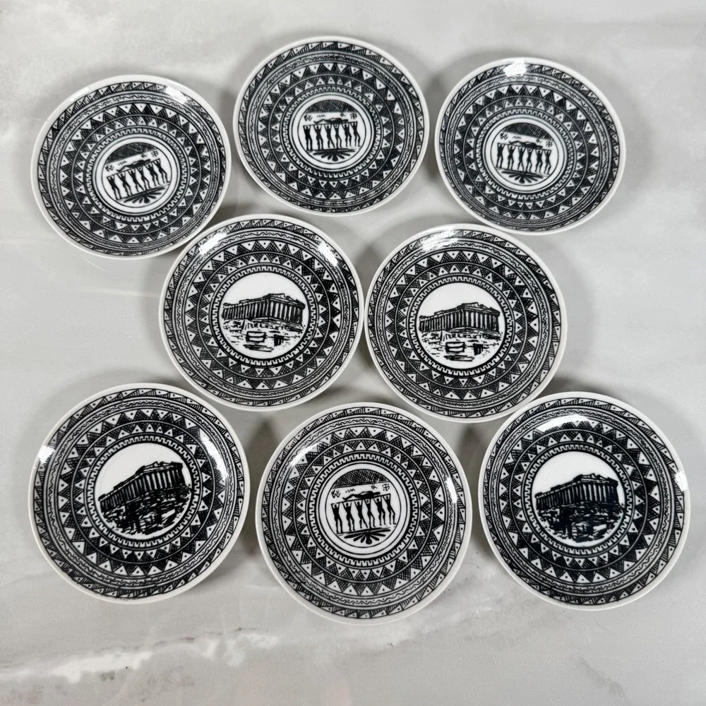 Vintage Greek Black and White Demitasse Cups and Saucers Set Greek Key Parthenon